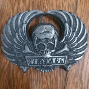 Vintage Harley-Davidson Silver Winged Skull Belt Buckle